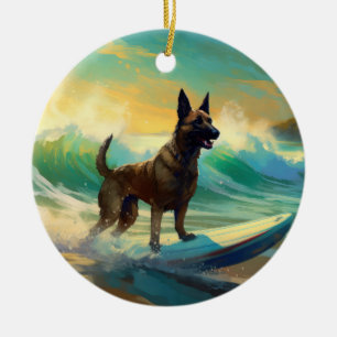 Belgian Malinoi Beach Surfing Painting Ceramic Tree Decoration