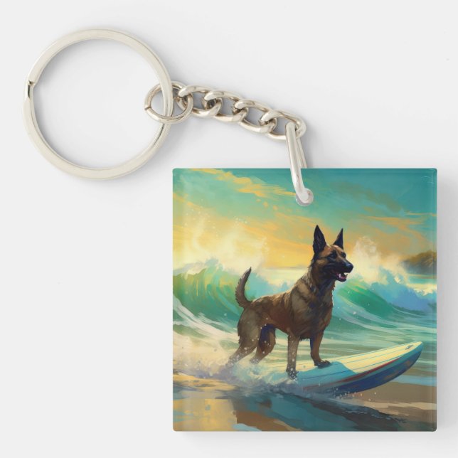 Belgian Malinoi Beach Surfing Painting Key Ring (Front)