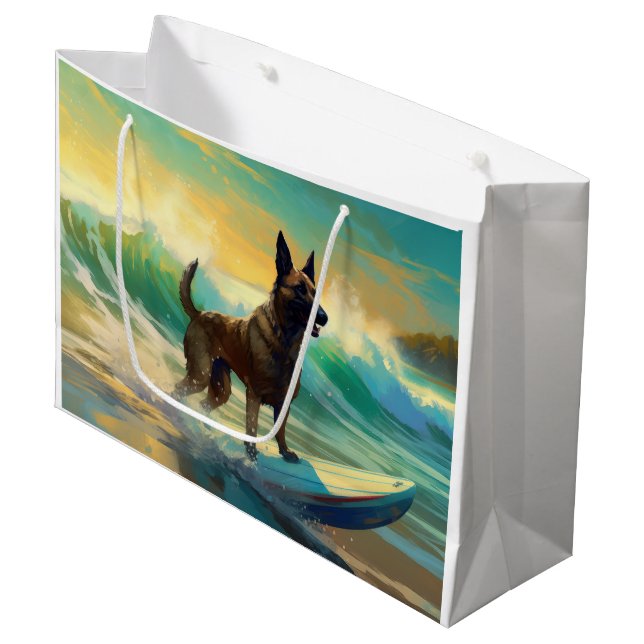 Belgian Malinoi Beach Surfing Painting Large Gift Bag (Front Angled)