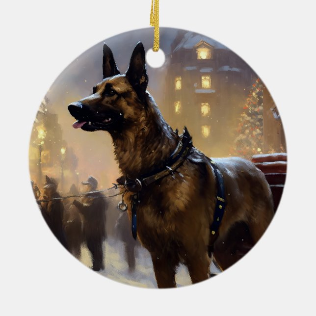 Belgian Malinoi Christmas Festive Season  Ceramic Tree Decoration (Back)