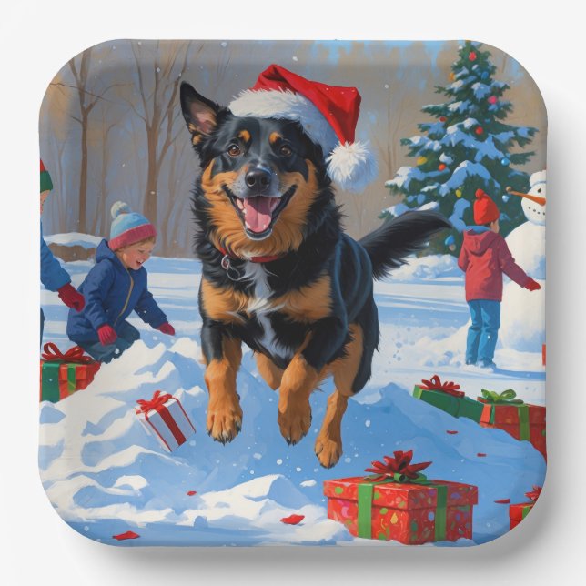 Belgian Malinoi Christmas Festive Snow Scene Paper Plate (Front)