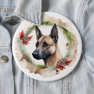 Belgian Malinoi Christmas Wreath Festive Pup 6 Cm Round Badge