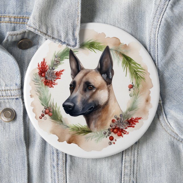 Belgian Malinoi Christmas Wreath Festive Pup  6 Cm Round Badge (In Situ)