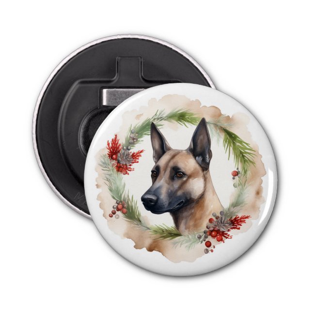 Belgian Malinoi Christmas Wreath Festive Pup  Bottle Opener (Front)