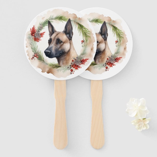 Belgian Malinoi Christmas Wreath Festive Pup  Hand Fan (Front and Back)