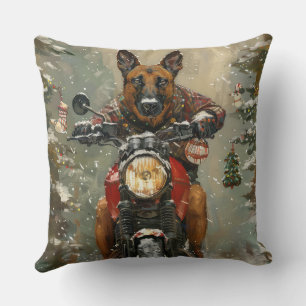 Belgian Malinoi Dog Riding Motorcycle Christmas  Cushion