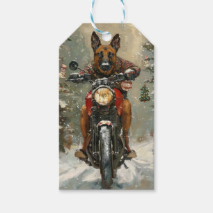 Belgian Malinoi Dog Riding Motorcycle Christmas  Gift Tags