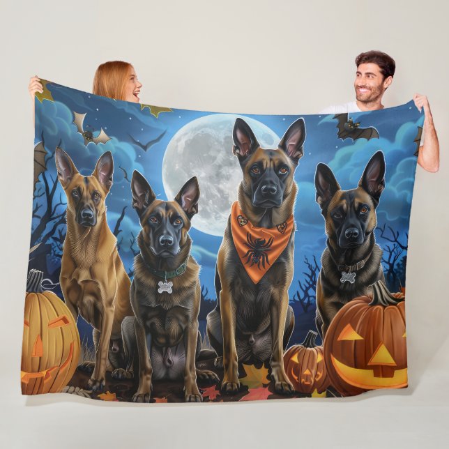 Belgian Malinoi Halloween Spooky Fleece Blanket (In Situ)