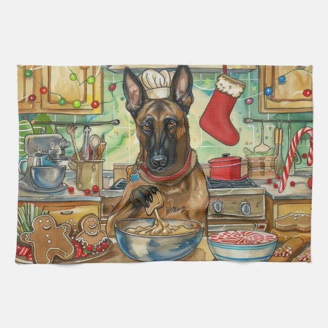 Belgian Malinoi Holiday Baking: Festive Christmas Tea Towel (Horizontal)