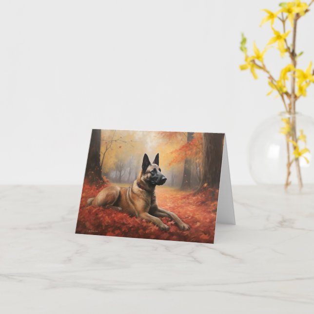 Belgian Malinoi in Autumn Leaves Fall Inspire  Card (Yellow Flower)