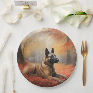 Belgian Malinoi in Autumn Leaves Fall Inspire Paper Plate