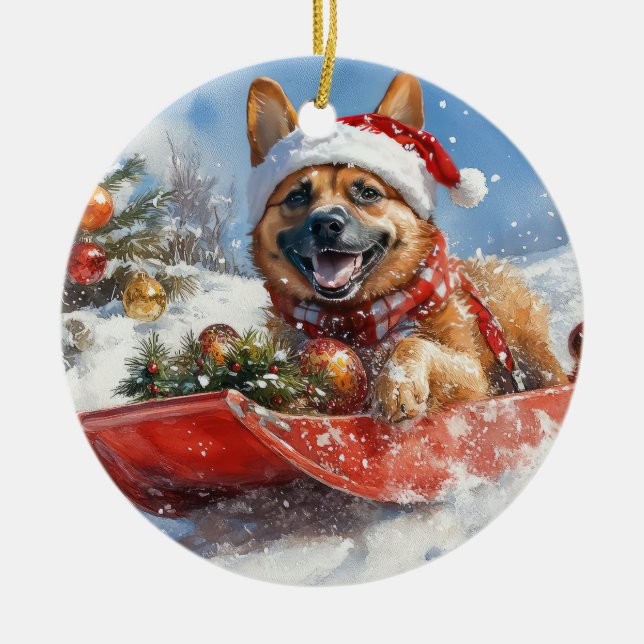 Belgian Malinoi in Sledge Let it Snow Christmas Ceramic Tree Decoration (Front)