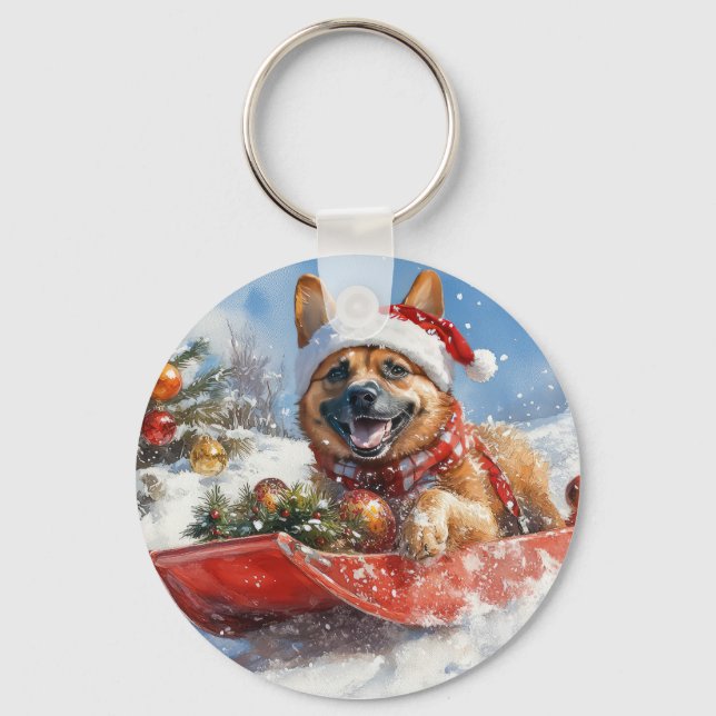 Belgian Malinoi in Sledge Let it Snow Christmas Key Ring (Front)