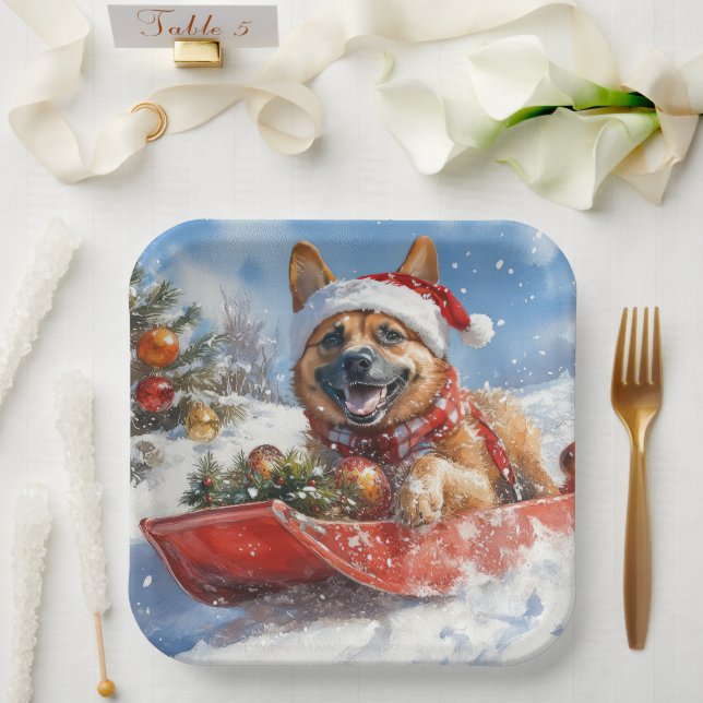 Belgian Malinoi in Sledge Let it Snow Christmas Paper Plate (Wedding)