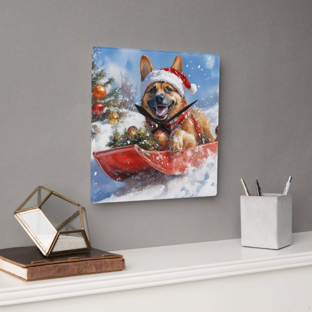 Belgian Malinoi in Sledge Let it Snow Christmas Square Wall Clock (Office)