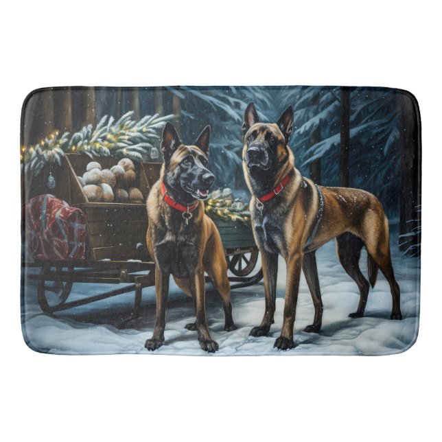 Belgian Malinoi Snowy Sleigh Christmas Decor Bath Mat (Front)