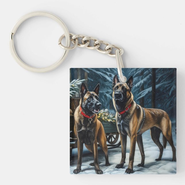 Belgian Malinoi Snowy Sleigh Christmas Decor Key Ring (Front)