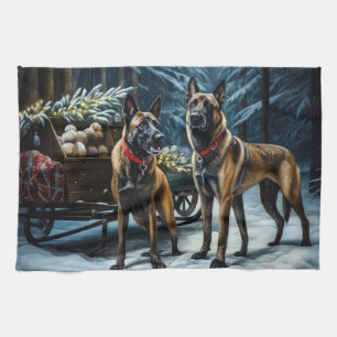 Belgian Malinoi Snowy Sleigh Christmas Decor Tea Towel