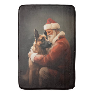 Belgian Malinoi With Santa Claus Festive Christmas Bath Mat