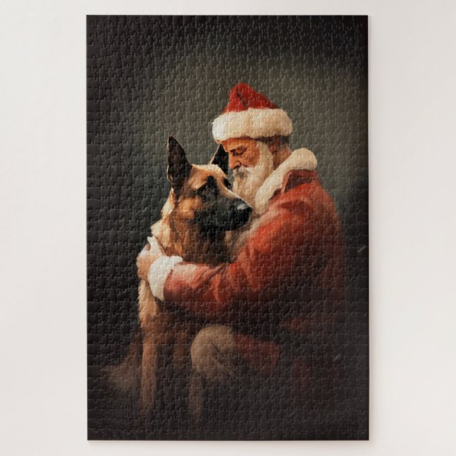 Belgian Malinoi With Santa Claus Festive Christmas Jigsaw Puzzle (Vertical)