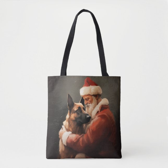Belgian Malinoi With Santa Claus Festive Christmas Tote Bag (Front)