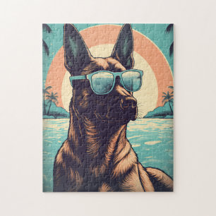 Belgian Malinois at a tropical beach during sunset Jigsaw Puzzle