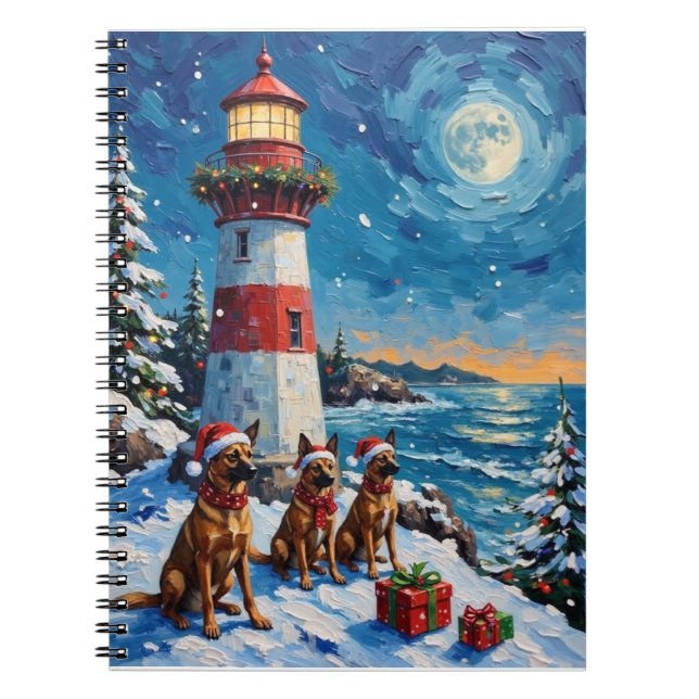 Belgian Malinois Christmas Lighthouse Holiday Notebook (Front)
