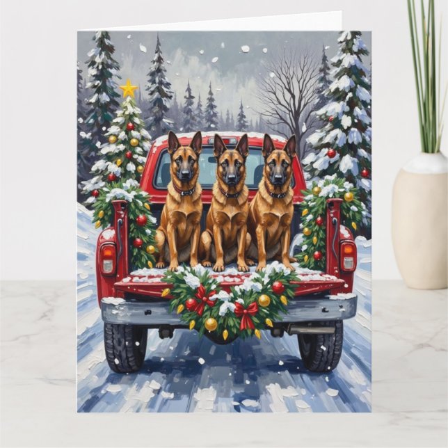 Belgian Malinois Christmas Red Truck Holiday Card (Front)
