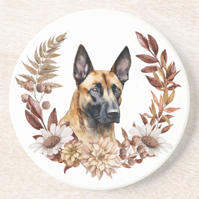 Belgian Malinois Dog Autumn Wreath Coaster (Front)