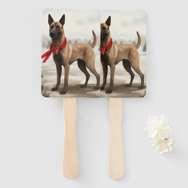 Belgian Malinois Dog in Snow Christmas Hand Fan (Front and Back)