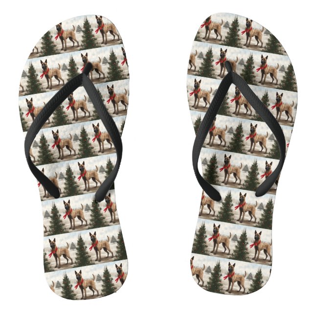Belgian Malinois Dog in Snow Christmas Jandals (Footbed)