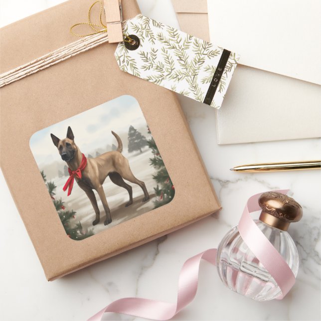 Belgian Malinois Dog in Snow Christmas Square Sticker (Gifting)