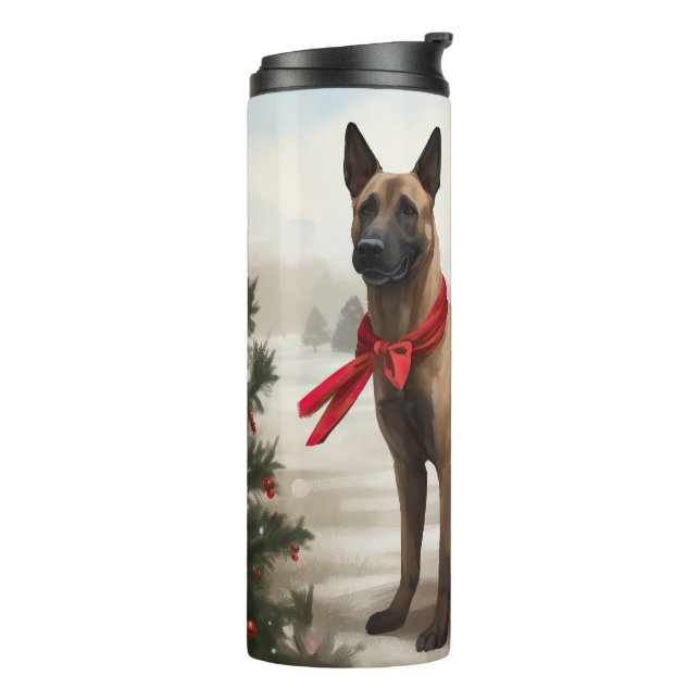 Belgian Malinois Dog in Snow Christmas Thermal Tumbler (Rotated Left)