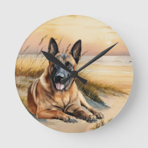 Belgian Malinois Dog Lover Sandy Beach Round Clock