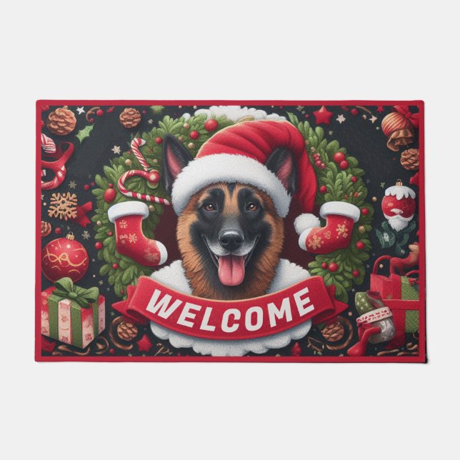 Belgian Malinois Dog Santa Claus Christmas Welcome Doormat (Front)