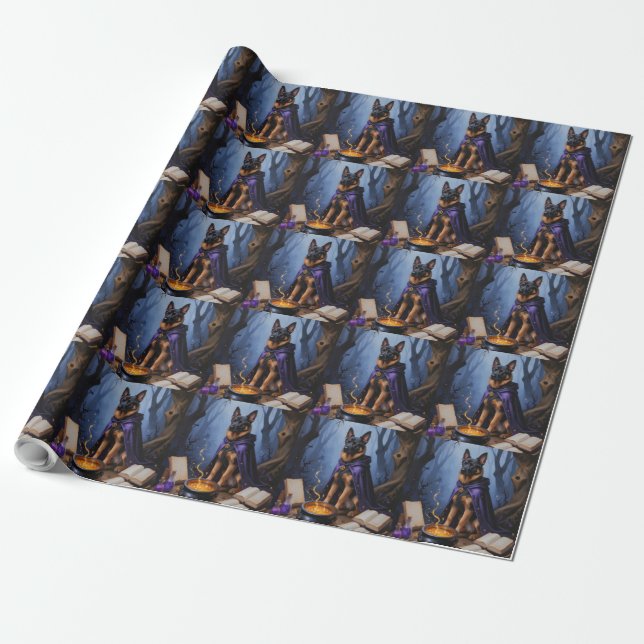 Belgian Malinois Dog Whimsical Halloween Painting Wrapping Paper (Unrolled)