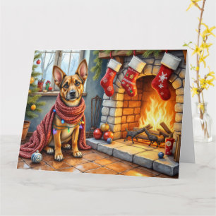 Belgian Malinois Fireplace with Christmas Lights Card