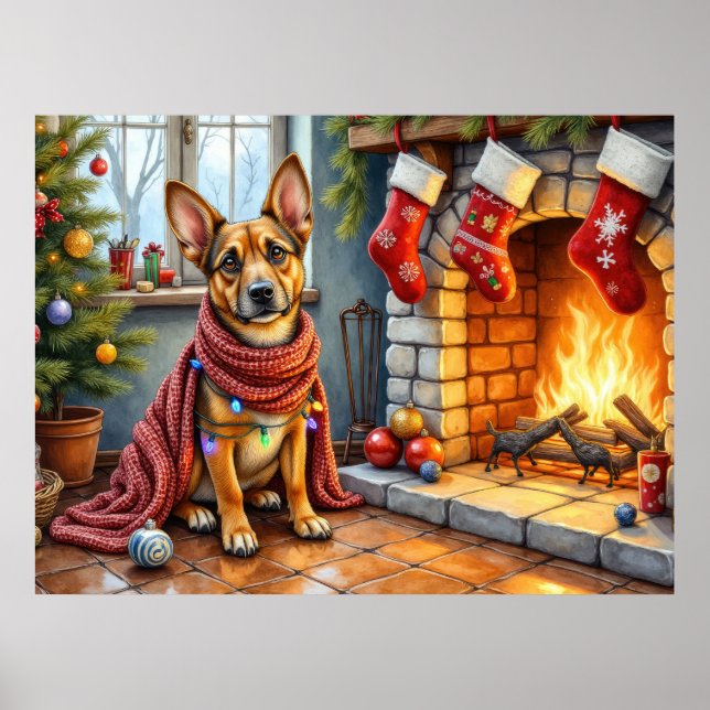 Belgian Malinois Fireplace with Christmas Lights Poster (Front)