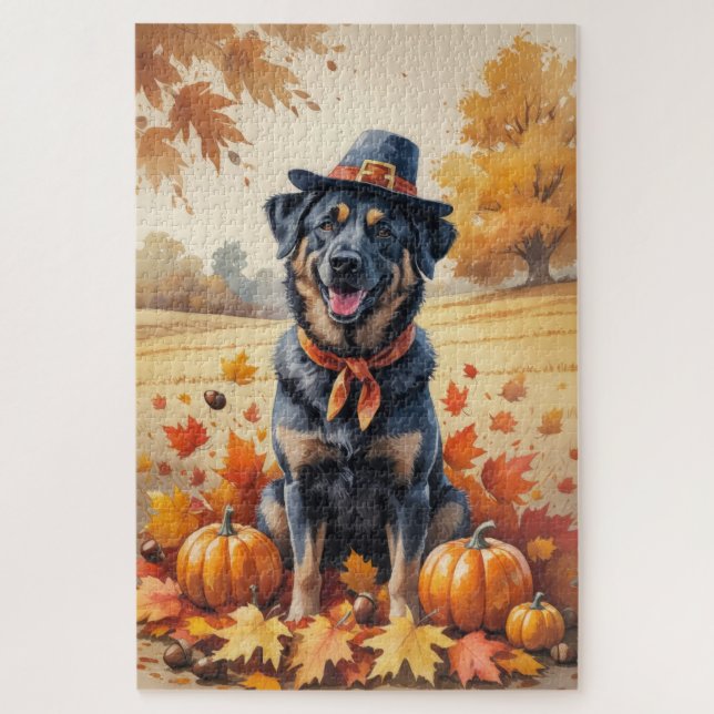 Belgian Malinois In Autumn Leaves Thanksgiving Art Jigsaw Puzzle (Vertical)