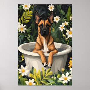 Belgian Malinois In Bathtub Poster, Funny Dog Poster