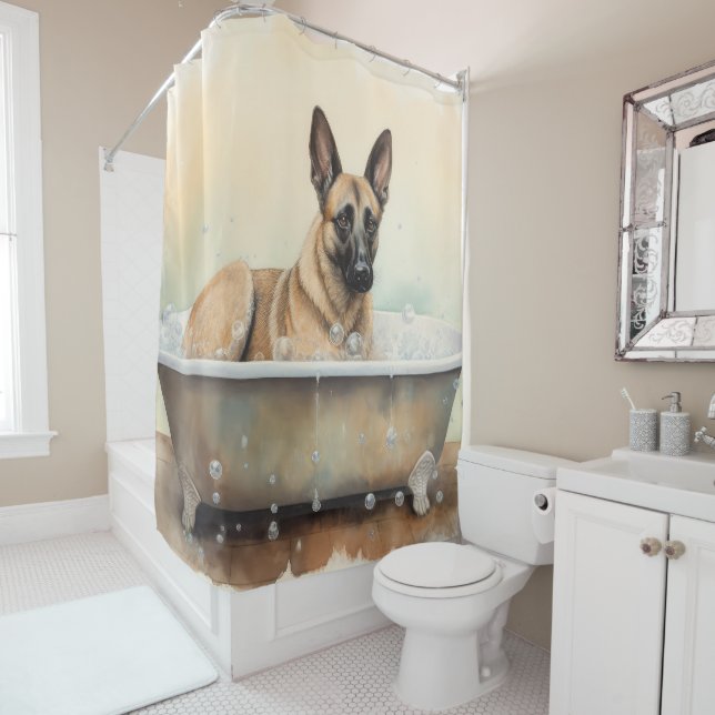 Belgian Malinois In Bathtub Watercolor Dog Art Shower Curtain (In Situ)