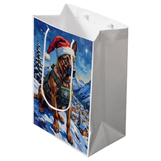 Belgian Malinois Mountain Patrol Christmas Medium Gift Bag (Front Angled)