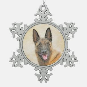 Belgian Malinois Painting - Cute Original Dog Art Snowflake Pewter Christmas Ornament