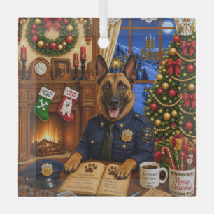 Belgian Malinois Police Holiday Glass Tree Decoration