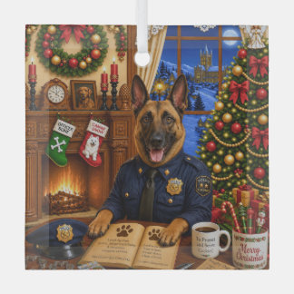 Belgian Malinois Police Holiday Glass Tree Decoration