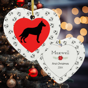 Belgian Malinois Silhouette Hearts Paw Prints Ceramic Tree Decoration