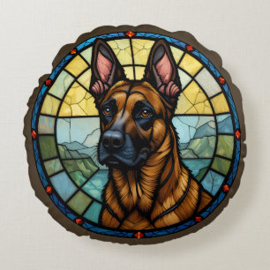 Belgian Malinois Stained Glass Style Illustration Round Cushion