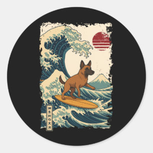 Belgian Malinois Surfing Japanese Kanagawa Wave Mo Classic Round Sticker