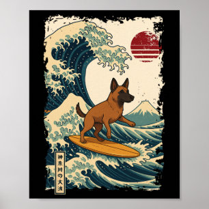 Belgian Malinois Surfing Japanese Kanagawa Wave Mo Poster