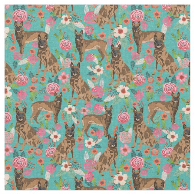 Belgian Malinois vintage florals turquoise Fabric (Close Up)